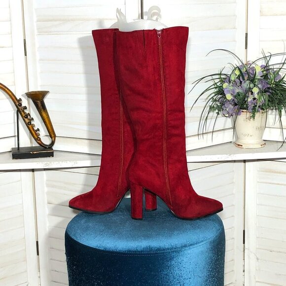 Impo Shoes - Impo dark wine red knee high boots ruffled suede leather block heel Sz 9 (M)